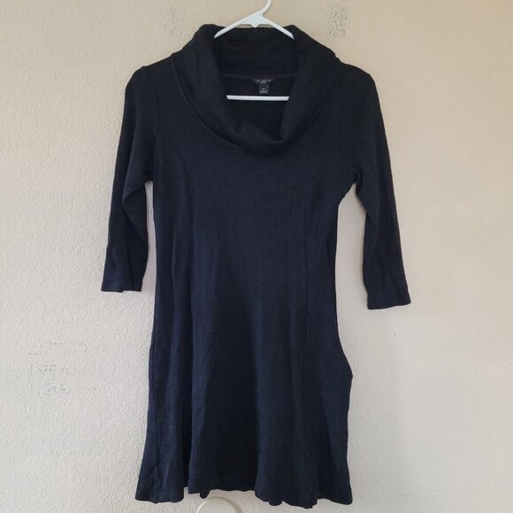 Ann Taylor Wool Blend Knit Sweater Dress Size 8 Black Cowl Neck Zip Thermal - Picture 1 of 7